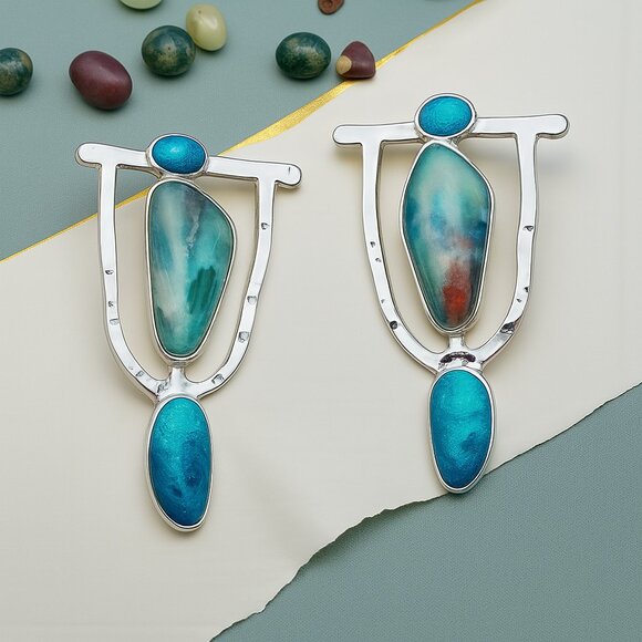 🆕️Vintage Boho-Chic Resin & Silver Plated Alloy Fashion Trendy Style Earrings - Picture 1 of 11